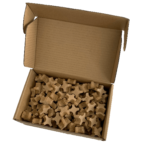a box containing void fills made of wood fiber foam